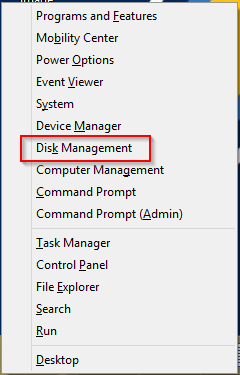 Открытие меню Win + X, чтобы открыть Управление дисками