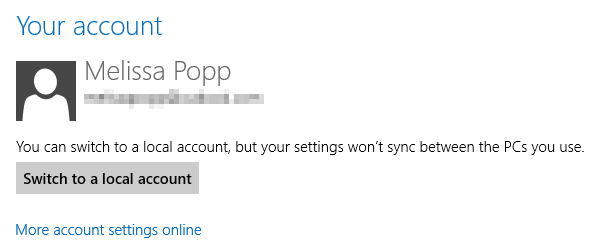 Отключите SkyDrive в Windows 8, переключившись на локальную учетную запись