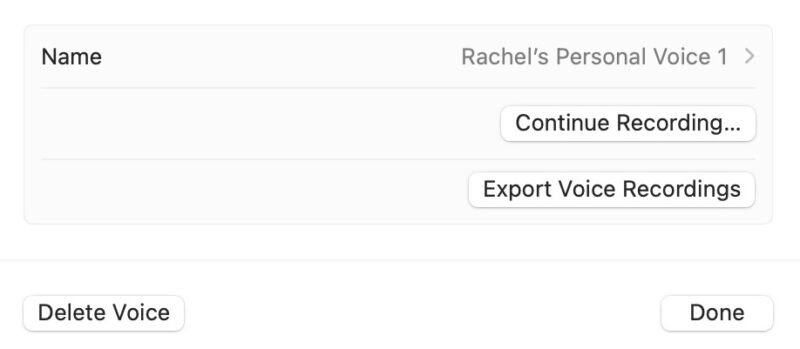 Окно с кнопкой «Удалить» и продолжением записи личного голоса на Mac