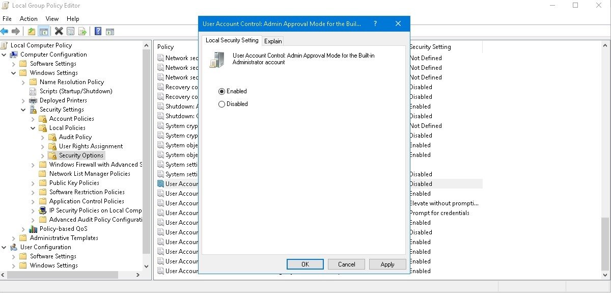 Включение режима одобрения администратором контроля учетных записей пользователей для встроенной учетной записи администратора.