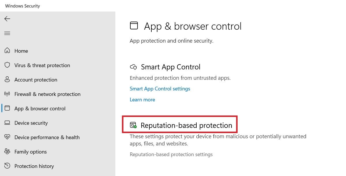 Нажмите «Защита на основе репутации» в разделе «Безопасность Windows» и «Управление браузером».