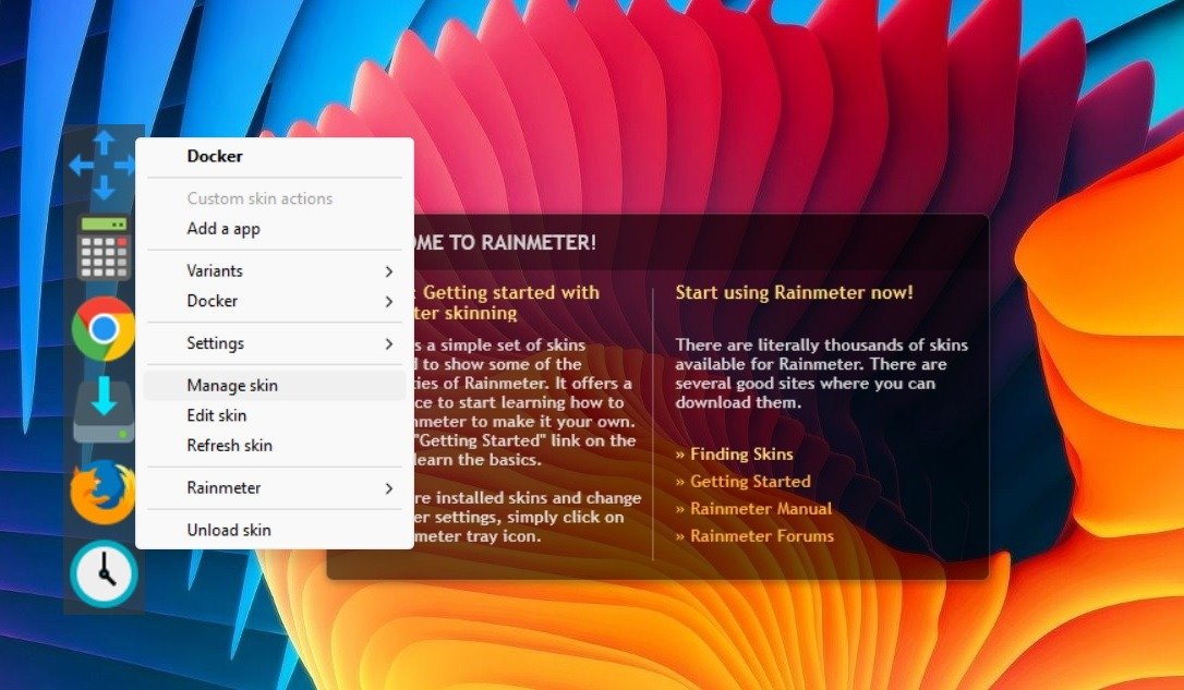 Управляйте загруженным скином Rainmeter, Docker, щелкнув правой кнопкой мыши внутри пространства.