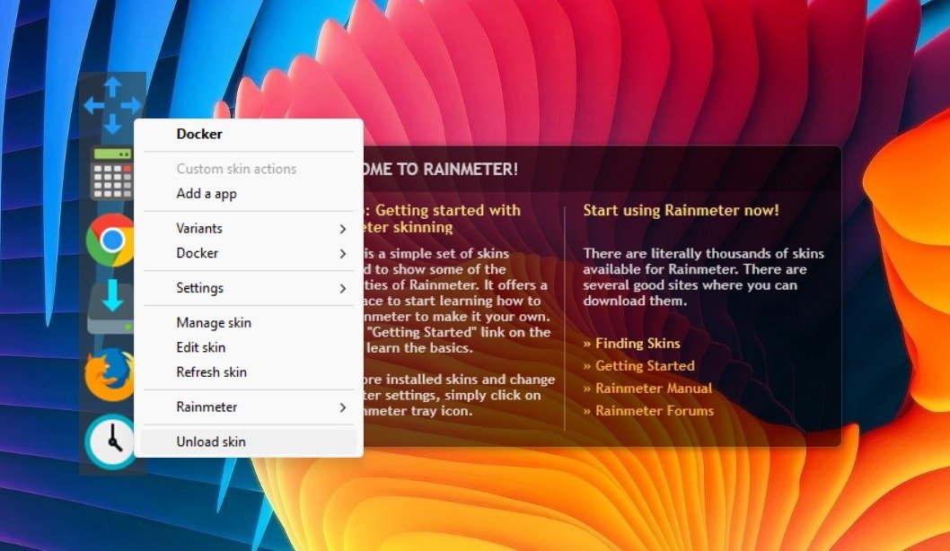 Удалите скин Rainmeter, щелкнув его правой кнопкой мыши, чтобы выгрузить его.