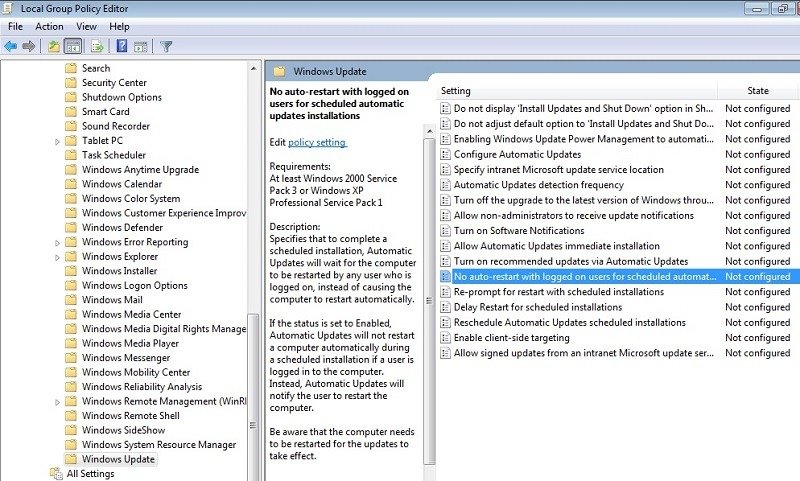 NoAutoRestart отображается как «Не настроено» в редакторе локальной групповой политики.