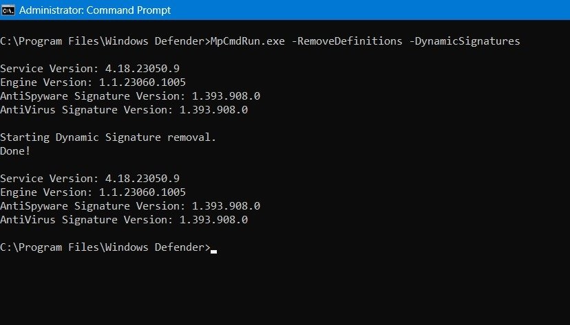 Удаление динамических подписей с помощью команды «Удалить определения» в Cmd.