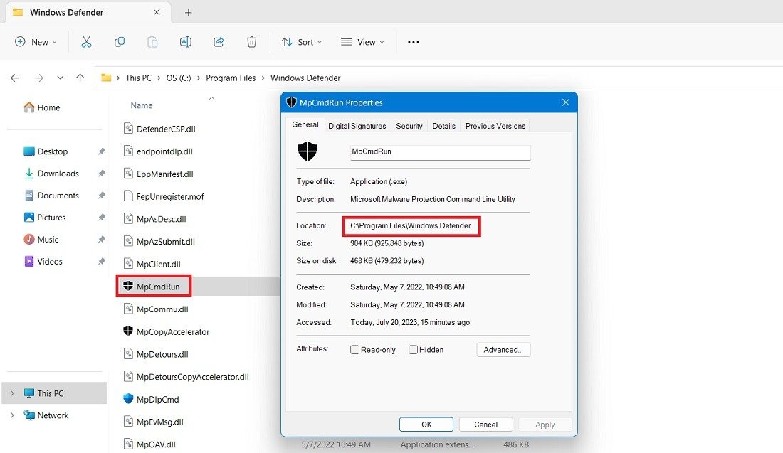 Путь к расположению Защитника Windows «MpCmdRun» в папке Program Files.