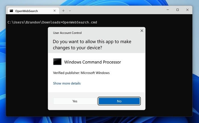 Перенаправление Windows Edge Bing Openwebsearch Управление учетными записями пользователей выполнения сценария