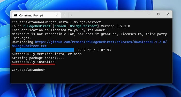 Перенаправление Windows Edge Bing Winget Msedgeredirect успешно установлено