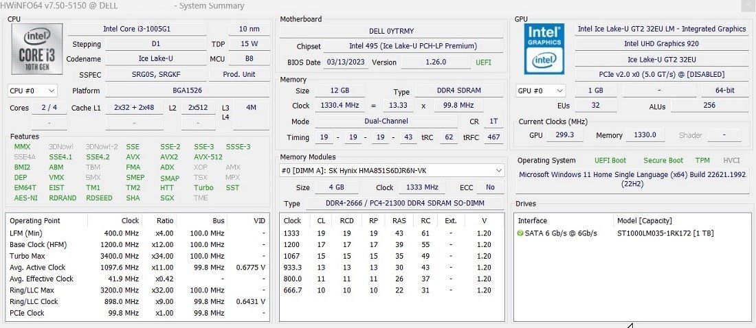 Сводная информация о системе ноутбука в HWinfo. Все зеленое.