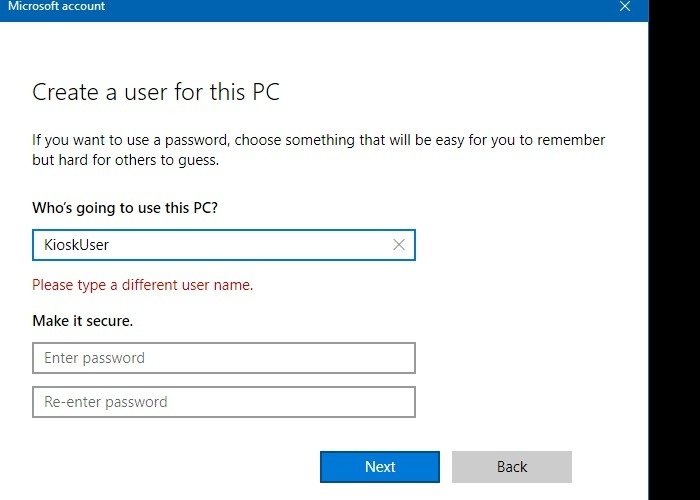 Киоск Windows. Ошибка пароля при добавлении пользователя при создании компьютера.