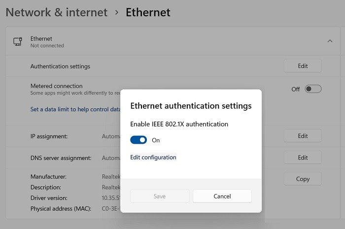 Сетевой кабель Windows отключен. Включите настройки Ethernet.