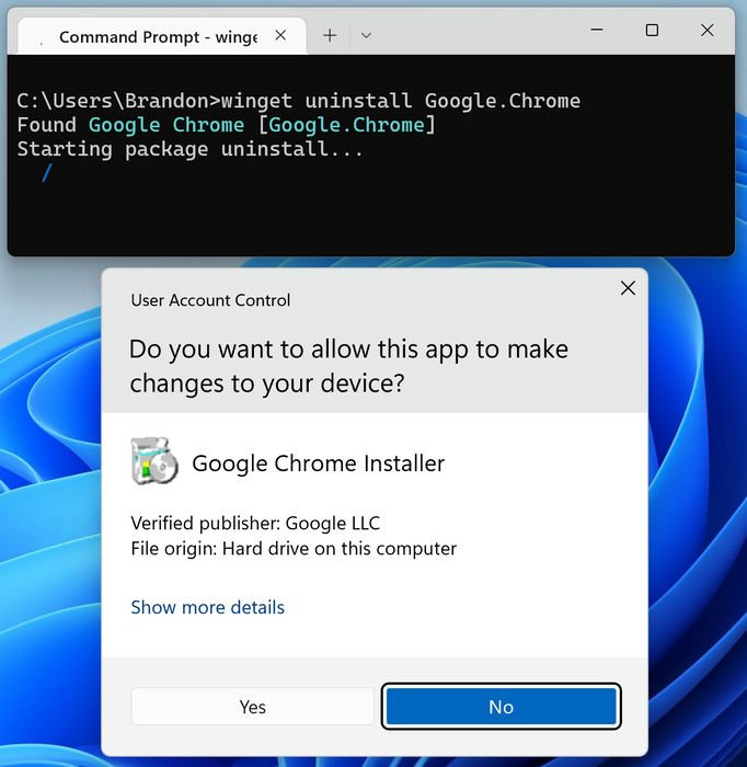 Терминал диспетчера пакетов Windows Winget Удаление контроля учетных записей Google Chrome