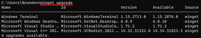 Обновление терминала Winget диспетчера пакетов Windows