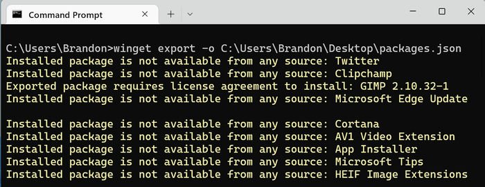 Экспортные пакеты Winget терминала диспетчера пакетов Windows