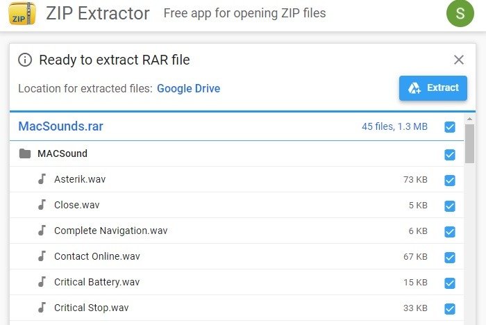 Извлечение звуковых схем Windows в Zip Extractor