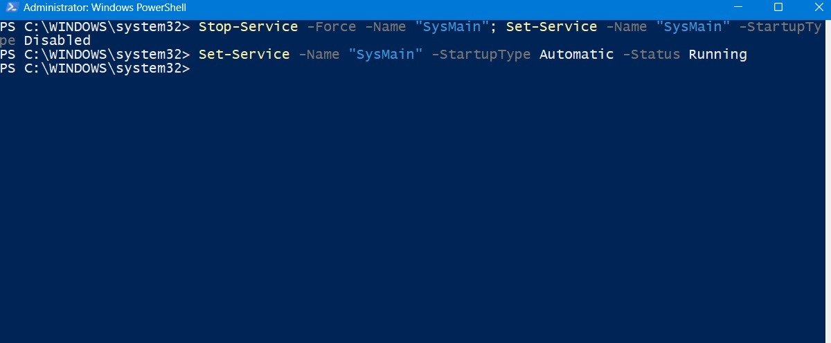 Отключение и включение Superfetch в окне администратора PowerShell.