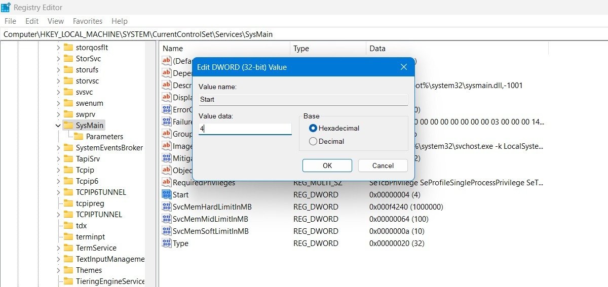 Установка данных начального значения как 4 для SysMain в редакторе реестра.