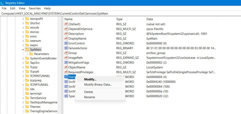 Изменение начального значения для SysMain в редакторе реестра.