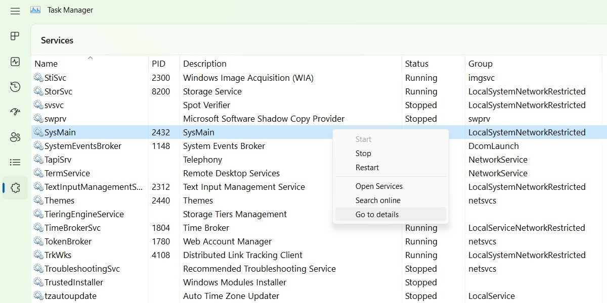 Щелкните правой кнопкой мыши в диспетчере задач, чтобы просмотреть «Перейти к сведениям о SysMain».