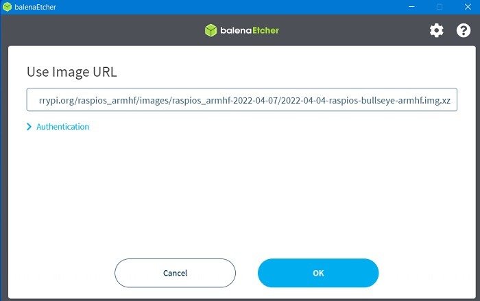 URL-адрес загрузочного образа Balenaetcher с USB-накопителя Windows