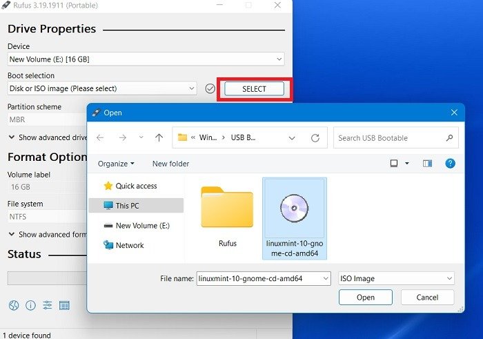 Загрузочный USB-накопитель Windows Rufus Выберите Открытый загрузочный ISO