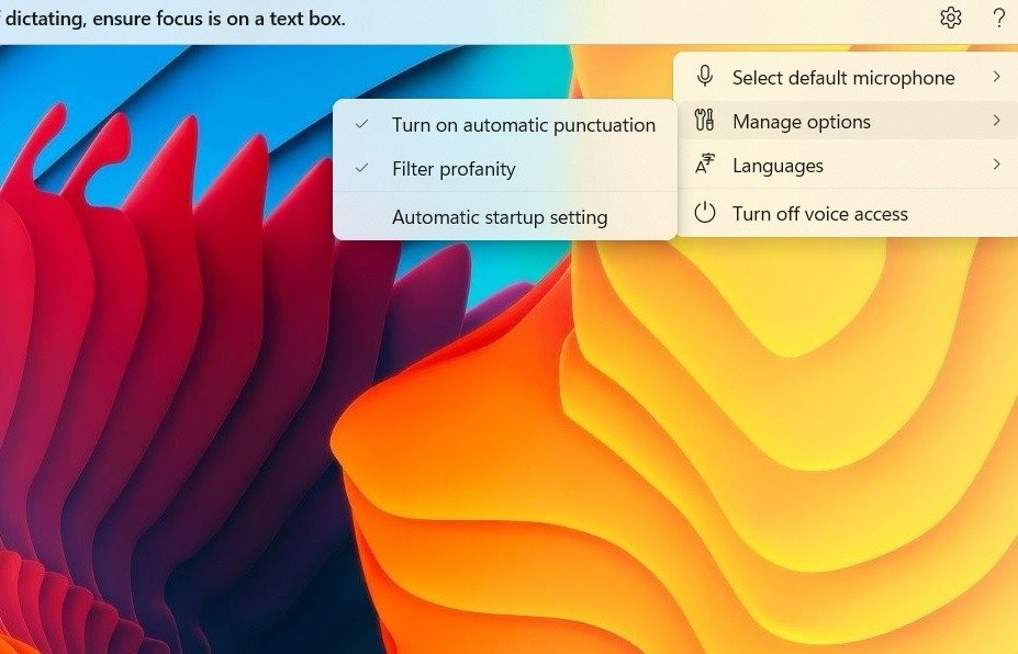 Включите автоматическую пунктуацию в голосовом доступе Windows 11.
