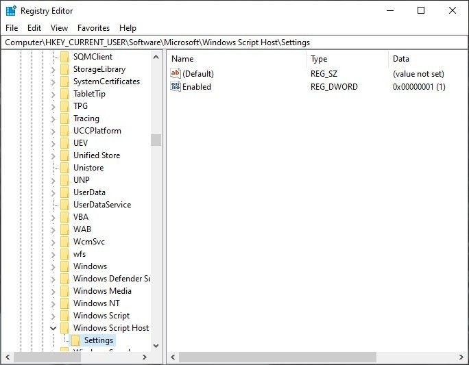 Настройки реестра хоста сценариев Windows включены