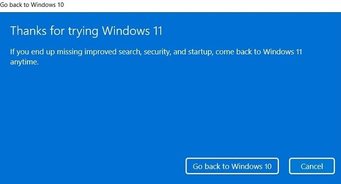 Откат Windows 11. Спасибо, что попробовали Windows 11.