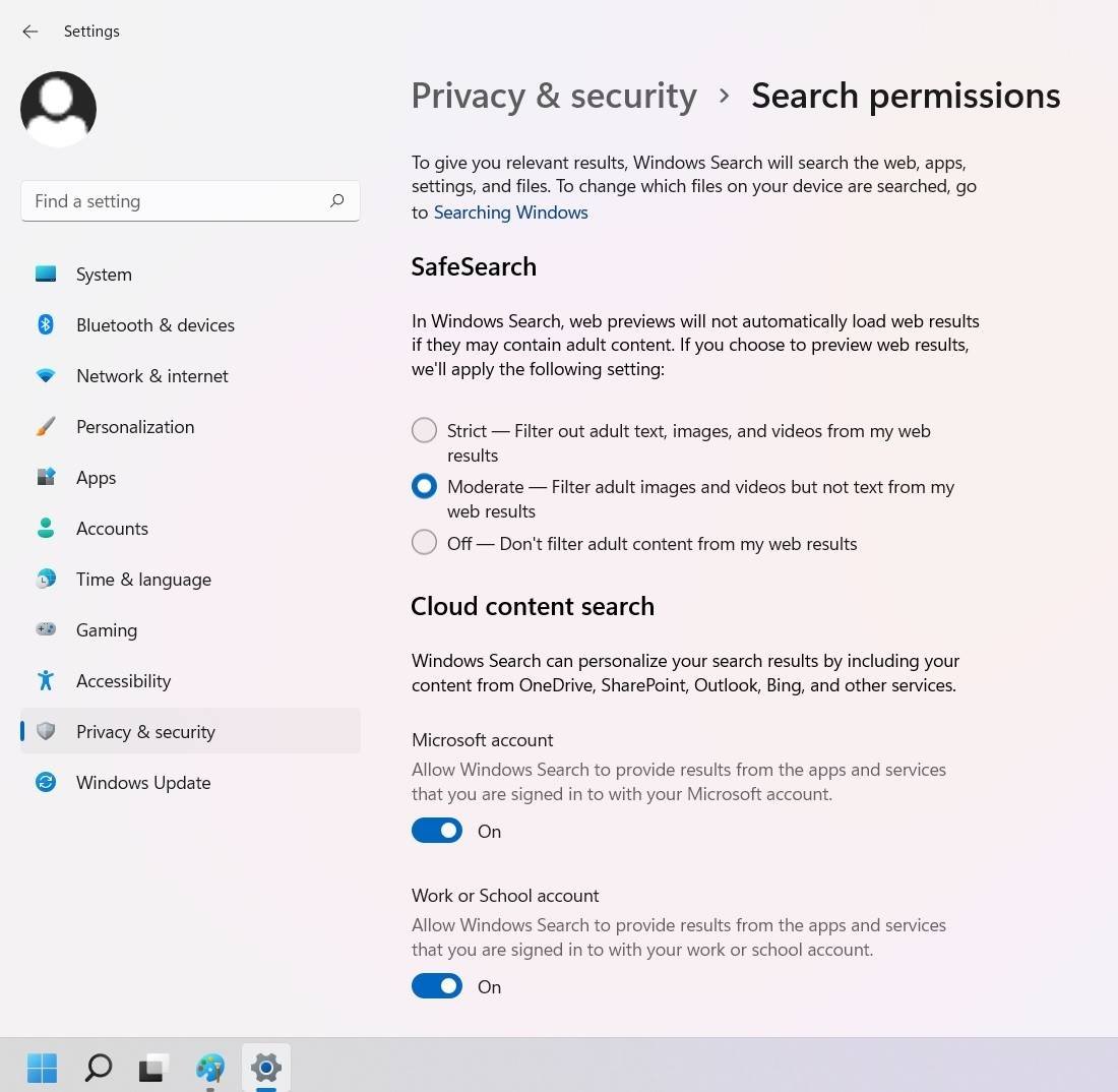 Windows11 Поиск Безопасный поиск и облачный поиск