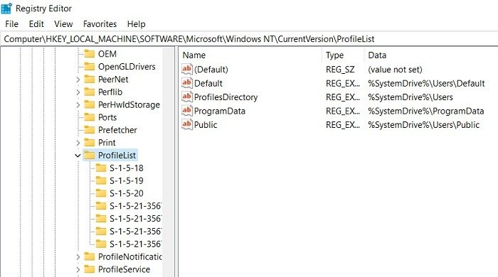 Просмотр ключей ProfileList в редакторе реестра.