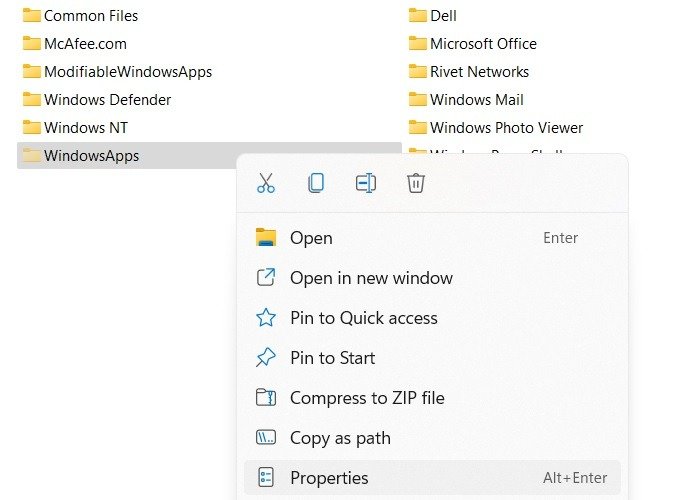 Свойства папки Windowsapps Щелкните правой кнопкой мыши Windows 11.
