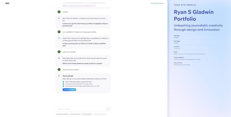 Разговор с чат-ботом Wix. Он спросил, какую конкретную информацию Райан хочет выделить на этом сайте, что он хочет включить и на какие сайты социальных сетей он хочет ссылаться. Тогда сайт «все готово».
