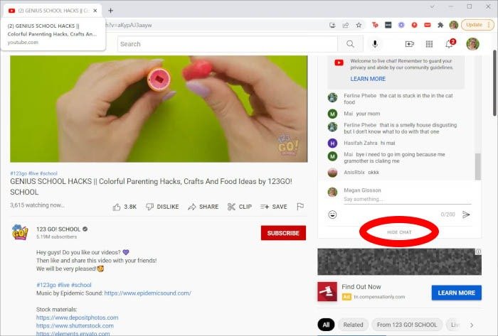 Youtube Онлайн-чат Скрыть чат
