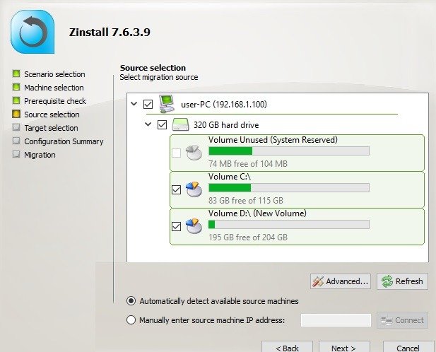 Выбор источника миграции Zinstall на целевом компьютере