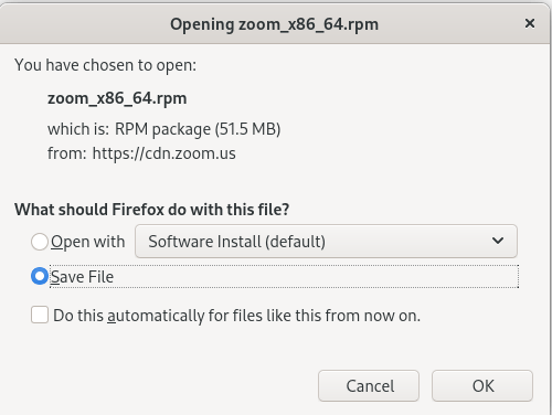 Файл сохранения файла установки Zoom Fedora