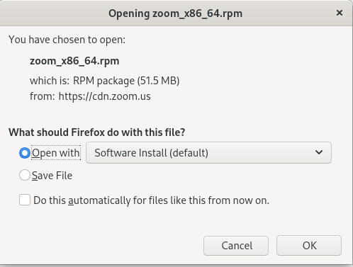 Zoom Fedora открыть с помощью диспетчера программного обеспечения