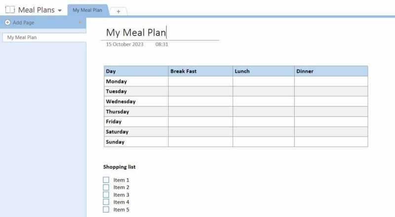 Пример плана питания в Onenote