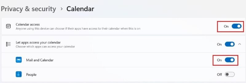 Включение переключателя «Доступ к календарю» в разделе «Конфиденциальность и безопасность».