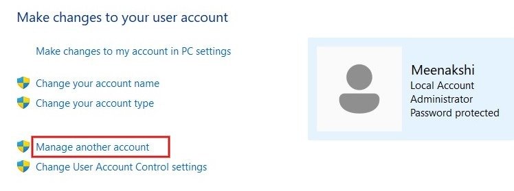 Нажмите «Управление другой учетной записью» на панели управления.