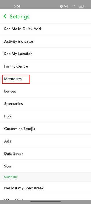 Доступ к настройкам «Воспоминания» в приложении Snapchat.