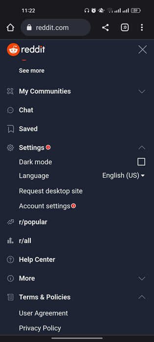 Доступ к настройкам учетной записи Reddit в Chrome Android