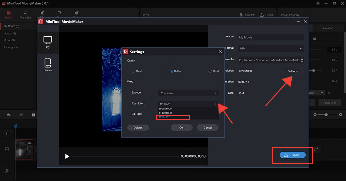 Добавить фотографии Reels Параметры разрешения для экспорта на рабочий стол