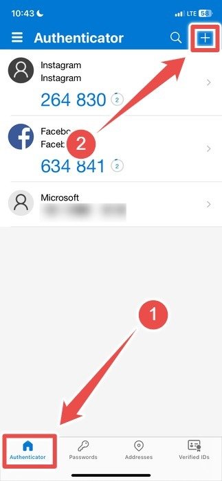 Нажатие на значок «+» в приложении Microsoft Authenticator для iOS.