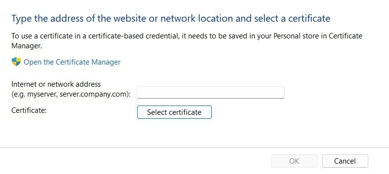 Окно выбора сертификата в Credential Manager.