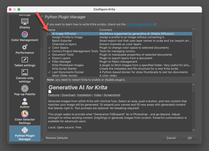 Плагин Ai Image Diffusion выбран Krita