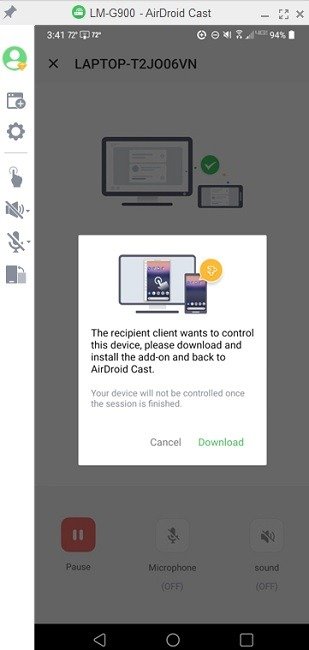 Разрешение на управление просмотром Airdroid Cast