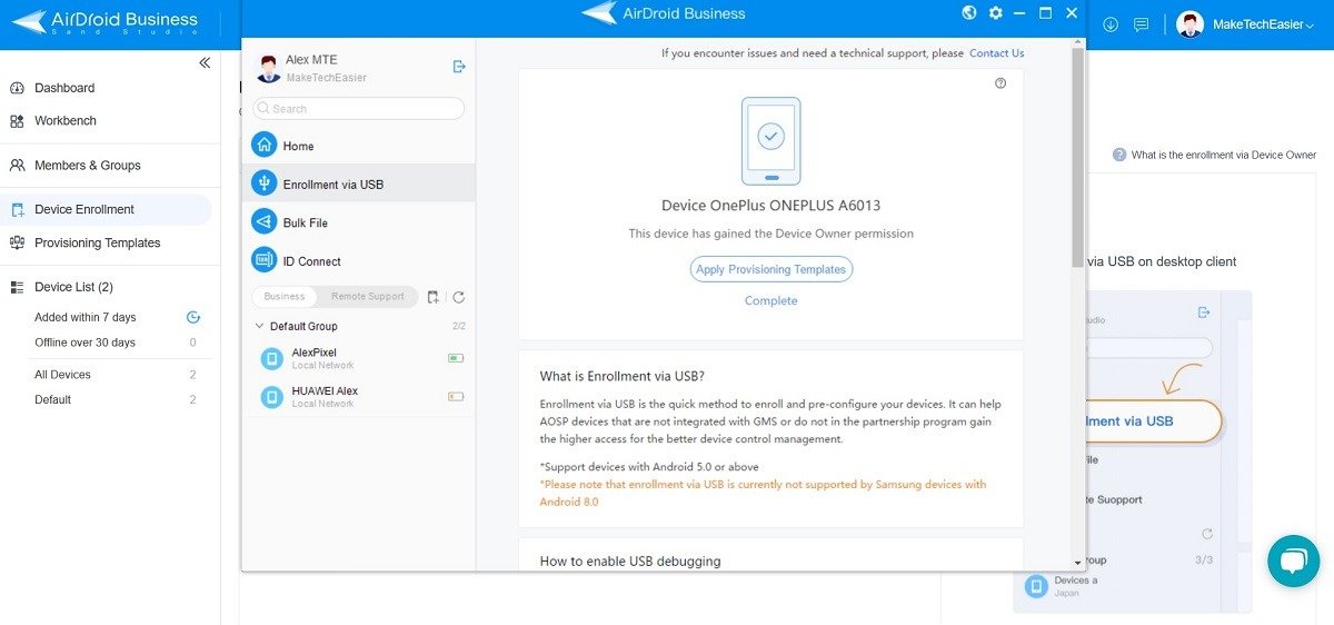 Регистрация устройства через USB продемонстрирована в клиенте AirDroid Business для ПК.