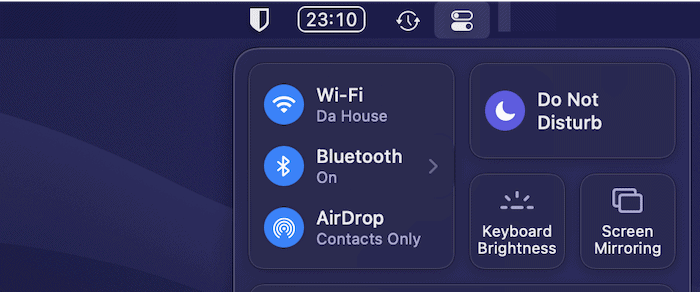 Опция Bluetooth в Центре управления macOS.