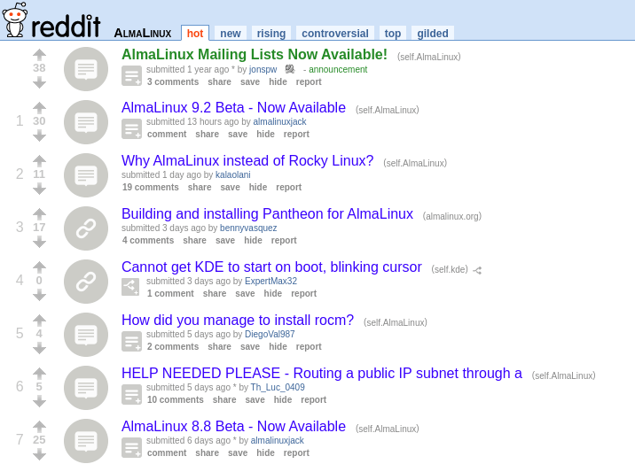 Скриншот страницы субреддита AlmaLinux.