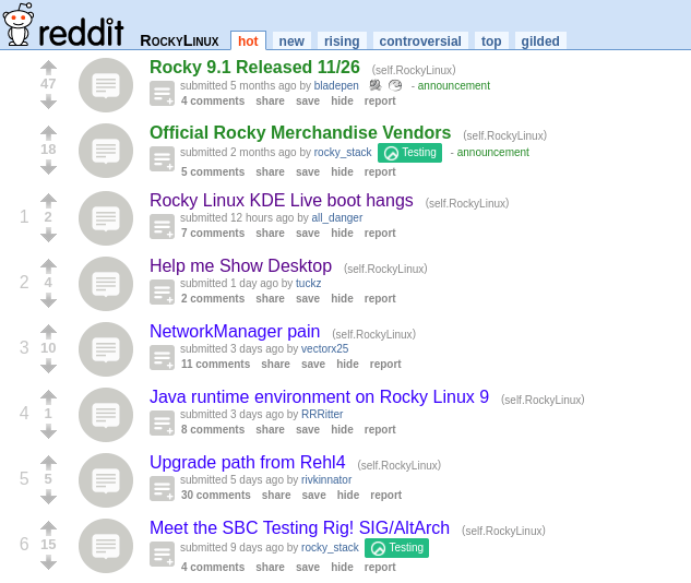 Скриншот страницы субреддита Rocky Linux.